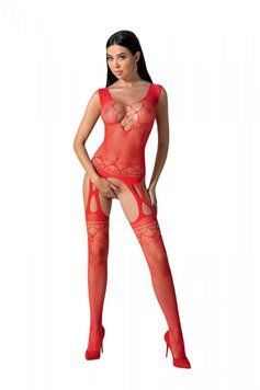 Бодістокінг з плетінням на грудях Passion BS099 One Size, red, відкритий доступ, імітація підв&rsquo;язок SO8939 фото