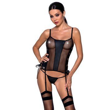 Сітчастий корсет з люверсами та знімними пажами Passion MALWIA CORSET L/XL black, екошкіра, стрінги SO5765 фото