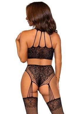 Еротичний комплект Leg Avenue Crop top and garter panty Black, топ, трусики з доступом, панчохи SO9156 фото