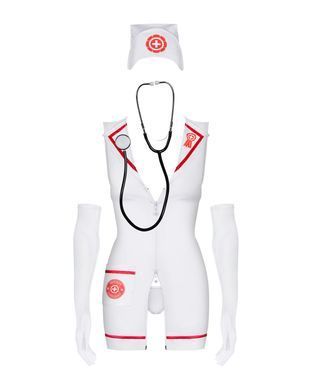 Эротический костюм медсестры Obsessive Emergency dress S/M, white, платье, стринги, перчатки, чепчик, стетоскоп SO7704 фото